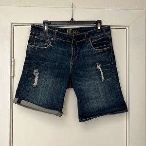 Distressed long denim shorts